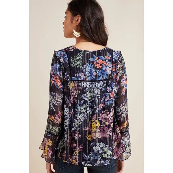 Anthropologie Vineet Bahl Metallic Embroidered Floral Blouse Size XS Black - Picture 2 of 10